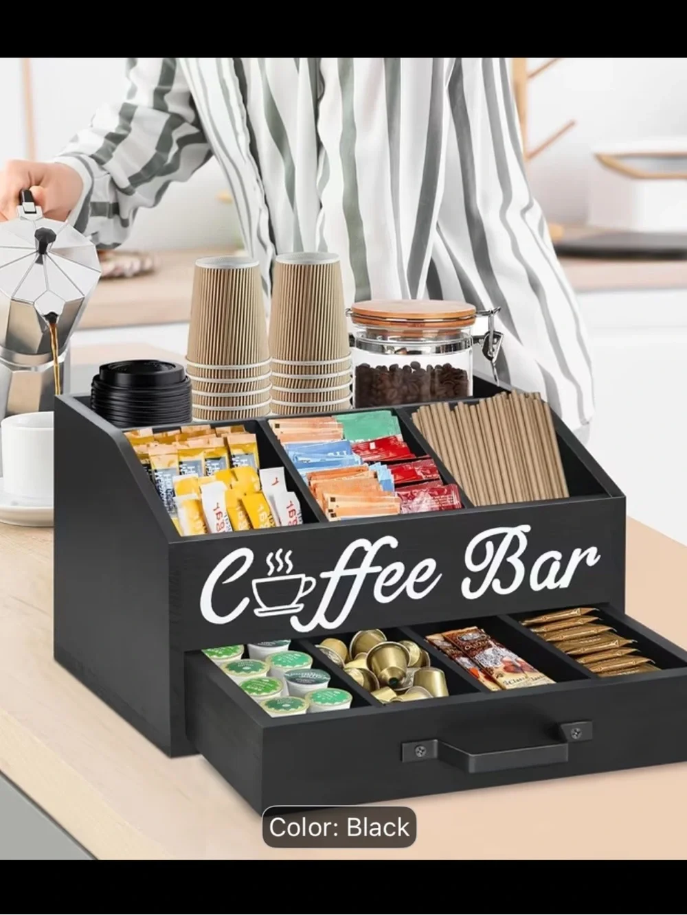 Black Coffee Bar Organizer - Countertop Capsule & Pod Storage